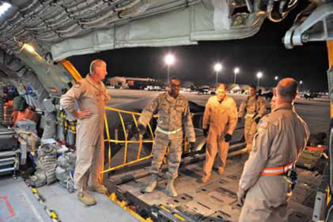 A 190th KC-135 is prepared for cargo and patients. Prior to the LED lighting the KC-135s were not well lit and made caring for injured service members difficult. (Photo by Lt. Col. Lee Grunberger)