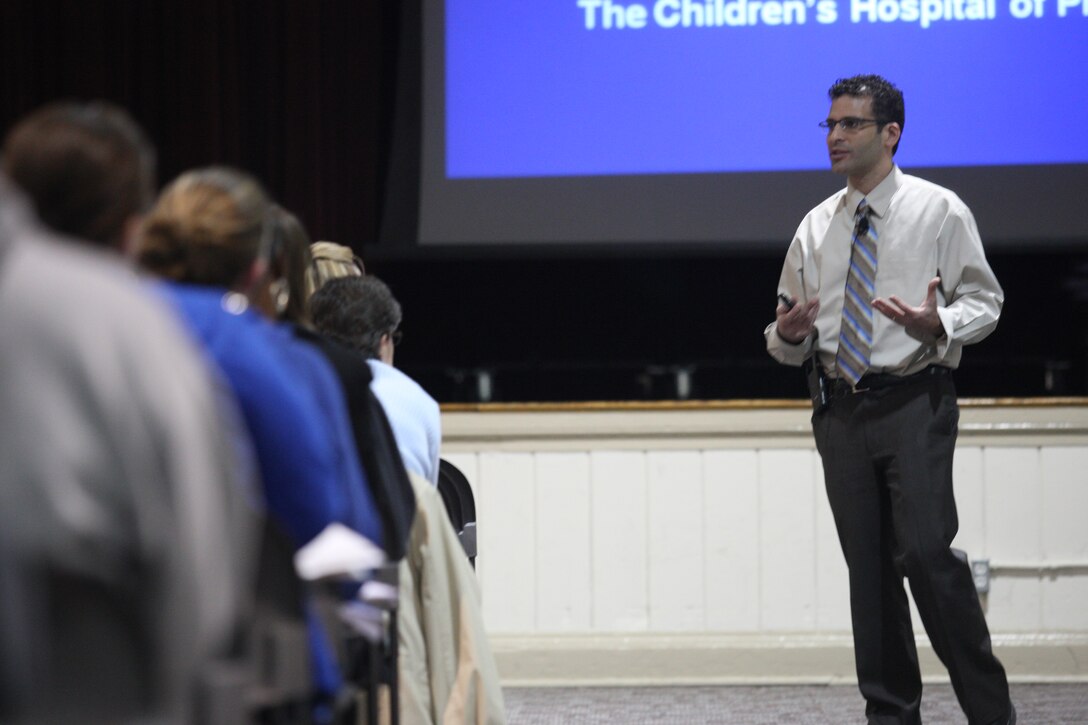 Dr. Kenneth Ginsburg, M.D., MD Ed, a nationally-renowned pediatrician and psychiatrist, speaks to Marine and Navy parents during a seminar teaching how to raise resilient children in military-oriented lifestyles at the Russell Marine and Family Center Auditorium aboard Marine Corps Base Camp Lejeune, March 3.
