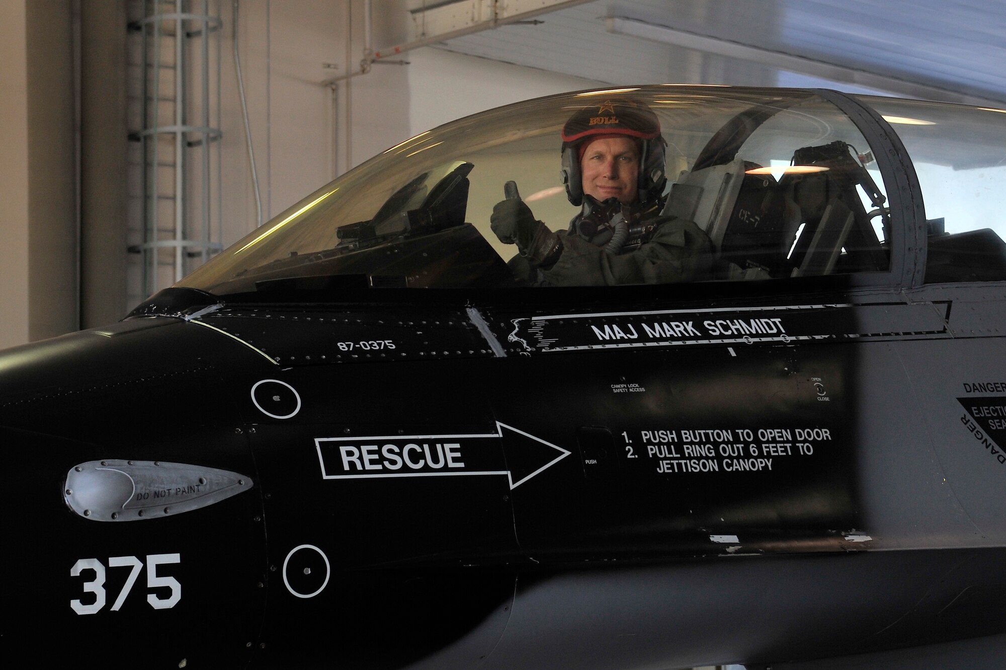 Brigadier General James N. "Bull" Post III gives a thumbs up after landing Mar. 3, 2011, Eielson Air Force Base, Alaska. General Post completed his 2565th sortie and achieved 4000.4 flying hours in an F-16 Fighting Falcon. The milestone places him in an elite corner of the F-16 community. General Post is the 354th Fighter Wing Commander. (U.S. Air Force photo/Staff Sgt. Christopher Boitz/released)
