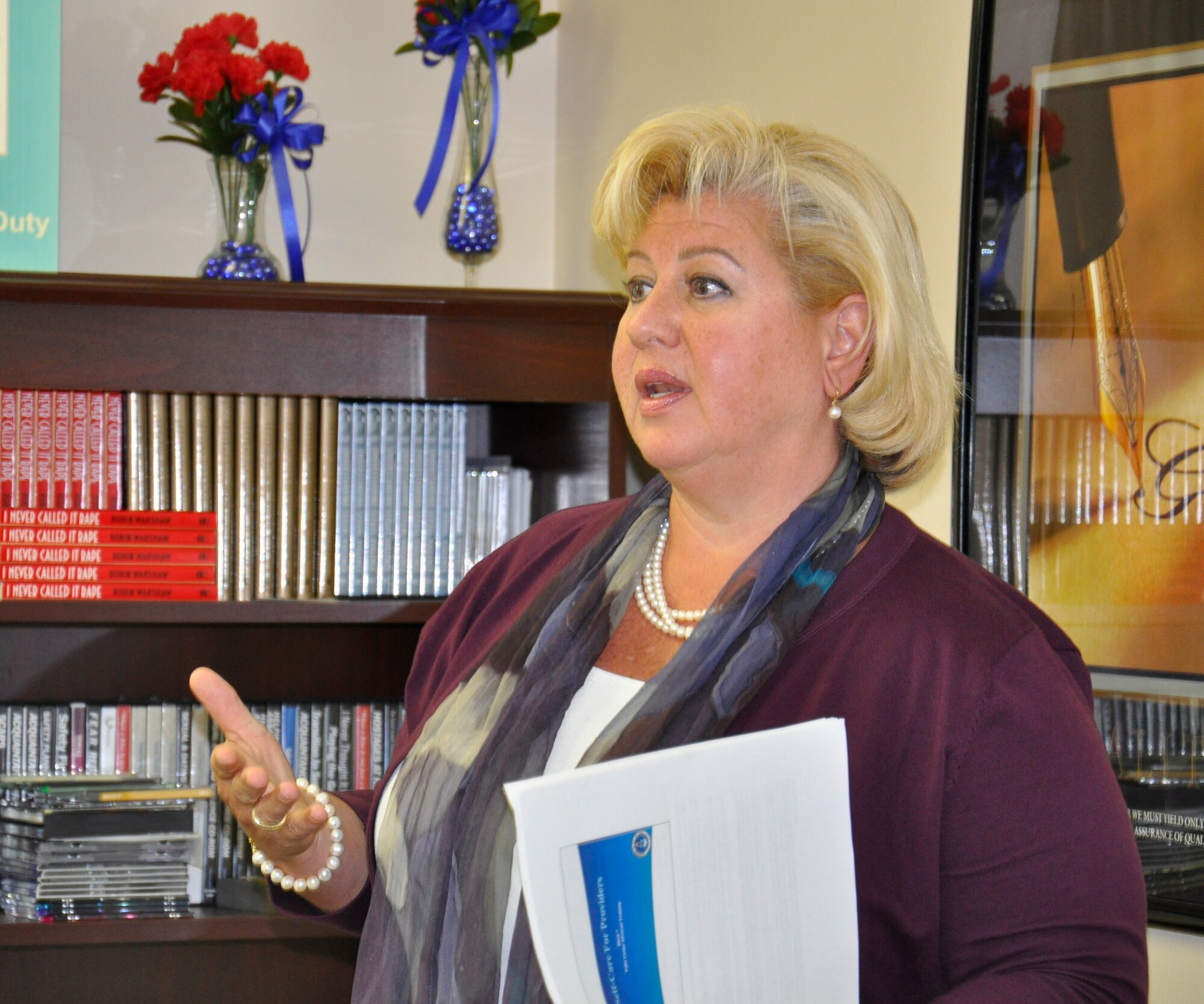 Janet Morrison, Hurlburt Field Sexual Assault Response Coordinator, instructs trainees at the Victim Advocate class. The four-day class trains volunteers how to help victims of a sexual assault. An advocate encourages a victim to seek medical attention, accompanies the victim through the investigation interviews if requested. (U.S. Air Force Photo by Ashley M. Wright)

