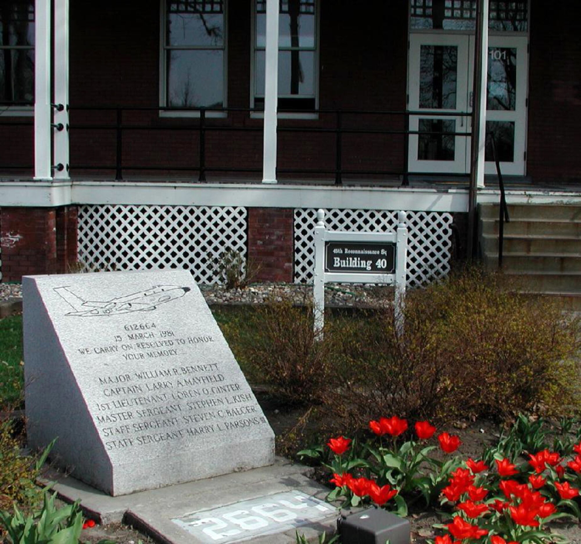 OFFUTT AIR FORCE BASE, Neb. -- A memorial to the six crew members of Cobra Ball 61-2664 that lost their lives on March 15, 1981, when their aircraft crashed upon landing at Shemya Air Force Base, Alaska, is located outside the 45th Reconnaissance Squadron headquarters building here. There will be a memorial service held here on March 15, on the 30th anniversary of the incident. (Photo courtesy of King Hawes)