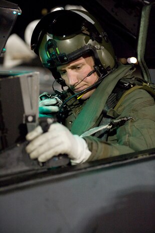 NELLIS AIR FORCE BASE, Nev. -- Royal Air Force Flight Lieutenant Wez Peas, No. 9 Squadron pilot, checks the functions of his Tornado GR4 during Red Flag, March 1.  Red Flag is a realistic combat training exercise involving the air forces of the United States and its allies.  The exercise is hosted north of Las Vegas on the Nevada Test and Training Range.   (U.S. Air Force Photo by Staff Sgt. William P. Coleman)