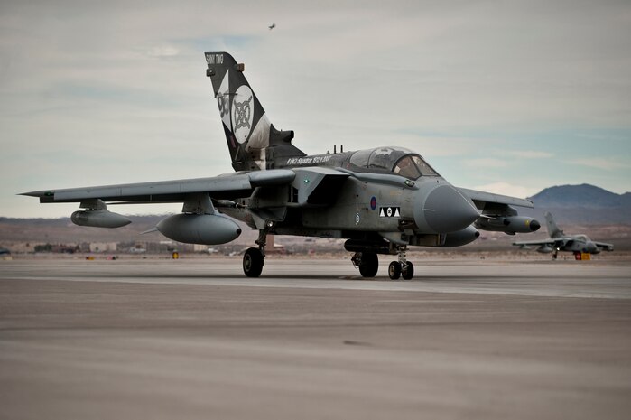 NELLIS AIR FORCE BASE, Nev. -- A Royal Air Force Tornado GR4 returns from a flight during Red Flag 11-3, March 1.  Red Flag is a realistic combat training exercise involving the air forces of the United States and its allies. The exercise takes place north of Las Vegas on the Nevada Test and Training Range--the U.S. Air Force's premier military training area with more than 12,000 square miles of airspace and 2.9 million acres of land. (U.S. Air Force photo by Tech Sgt. Michael R. Holzworth)