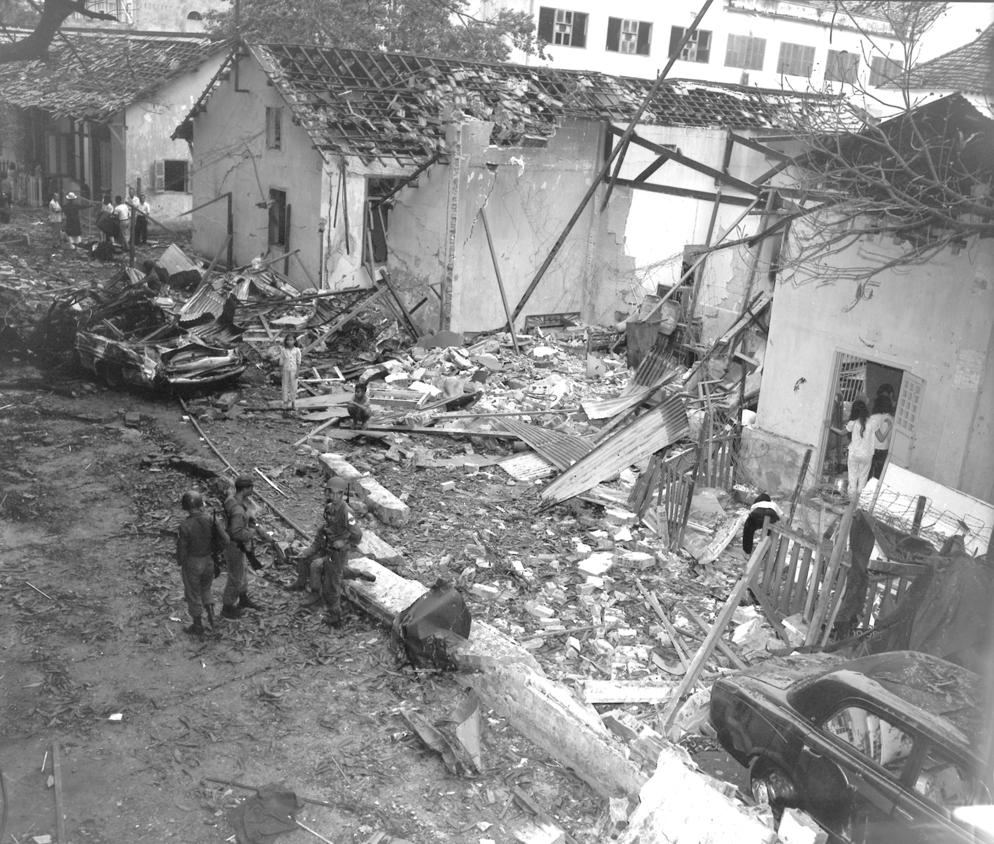 A Viet Cong terrorist bombing killed 2 Americans and injured 107 people at the Brinks Hotel, Saigon, on Christmas Eve 1964. (U.S. Air Force photo).