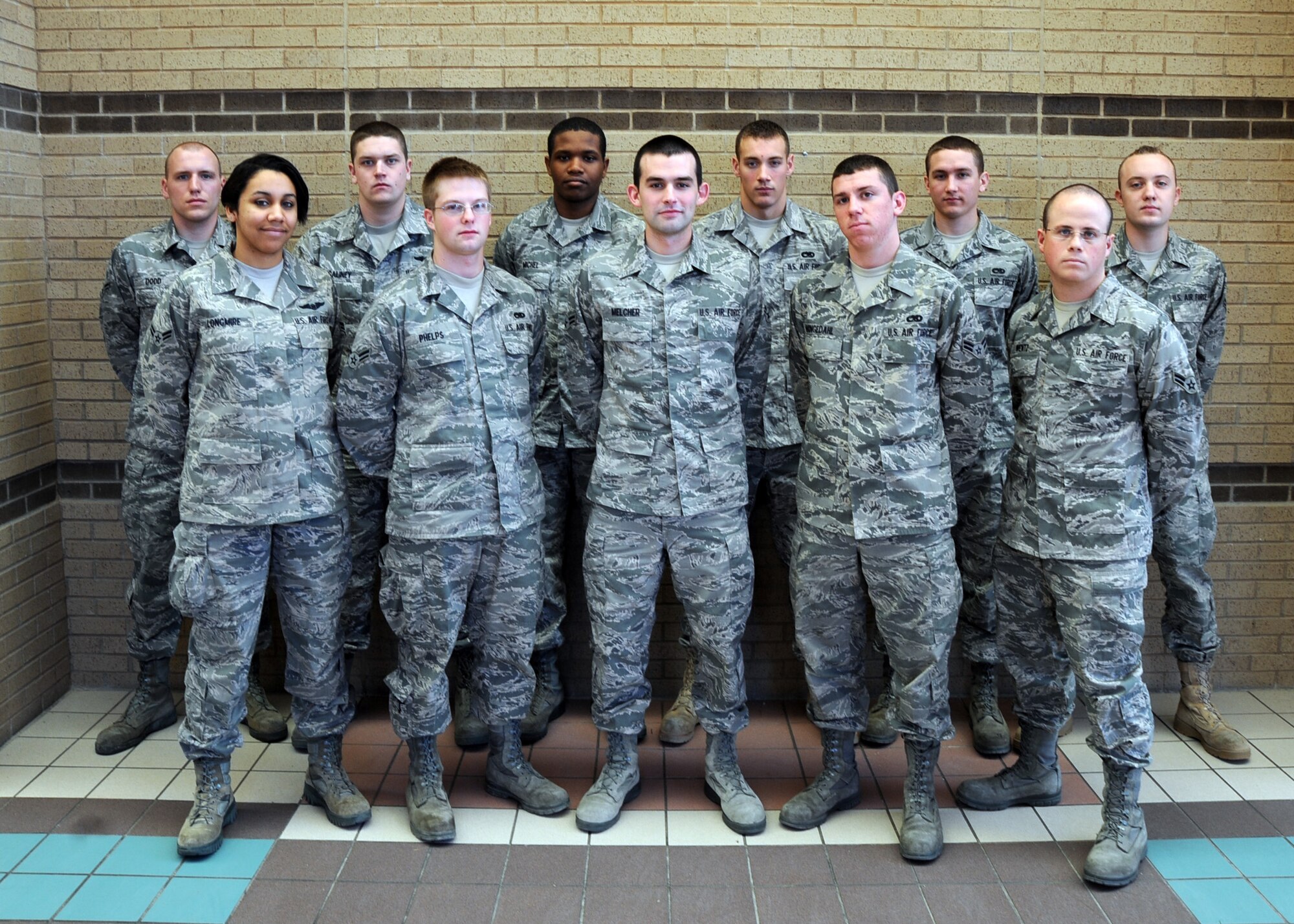 Congratulations to Team McConnell’s newest First Term Airman’s Center graduates who graduate March 4, 2011 at McConnell Air Force Base, Kan. Front row: Airmen 1st Class Roslyn Longmire, Jacob Phelps, Tyler Melcher, Gregory Bringedahl and Noah Wentz.  Back Row: Airman 1st Class John Dodd, Airmen Sean McAllney, McHarry Michel, Airmen 1st Class Paul Keith, Eric Fruge and Erick Brunelle. (U.S. Air Force photo/Staff Sgt. Dallas Edwards)