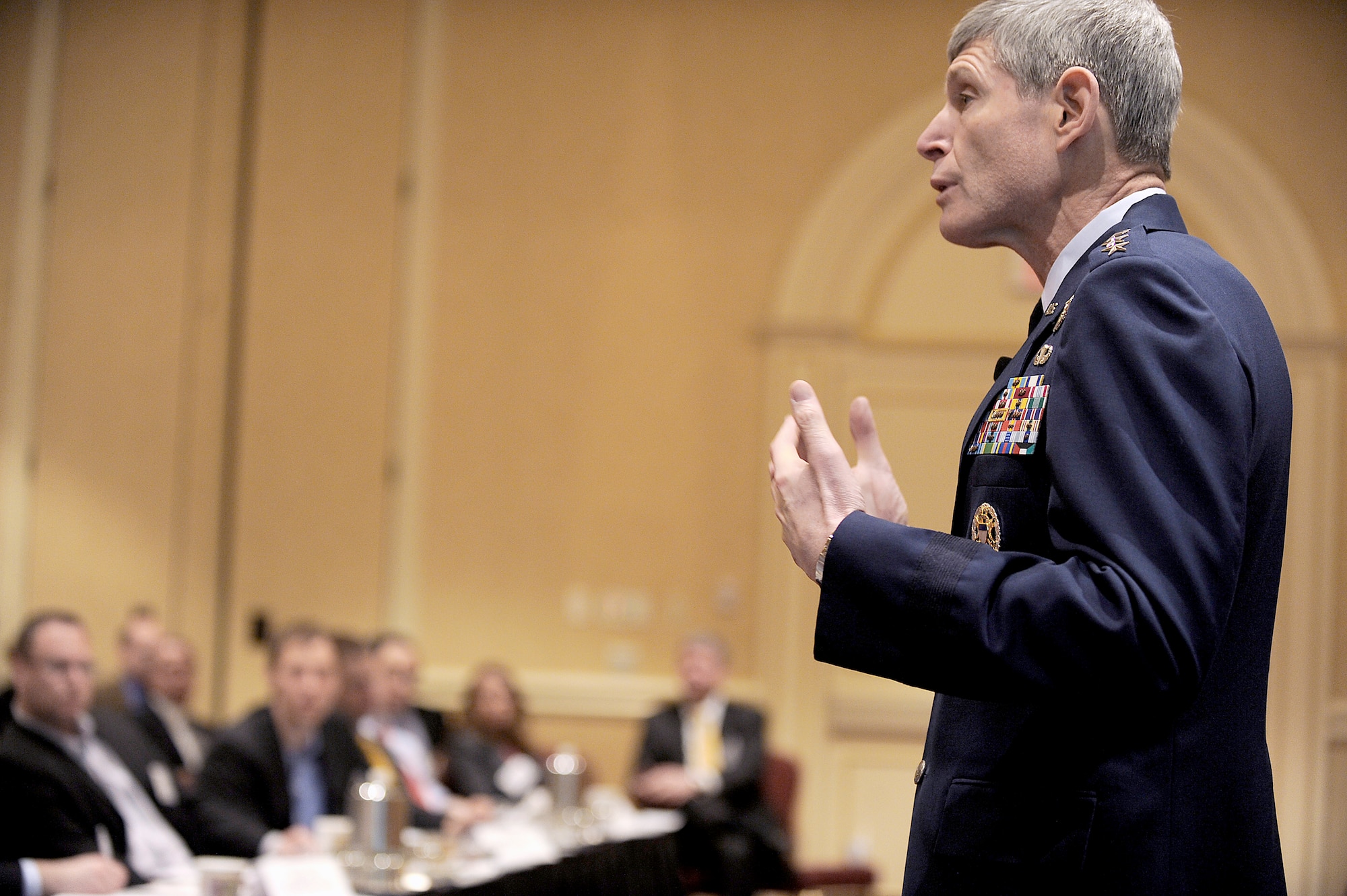 Air Force Chief of Staff Gen. Norton Schwartz speaks to attendees at the 2011 Defense Programs Conference in Arlington, Va., on March 2, 2011.  In his remarks, General Schwartz said maintaining U.S. defense capabilities requires cooperation between the private sector and the military.  (U.S. Air Force photo/Scott M. Ash)
