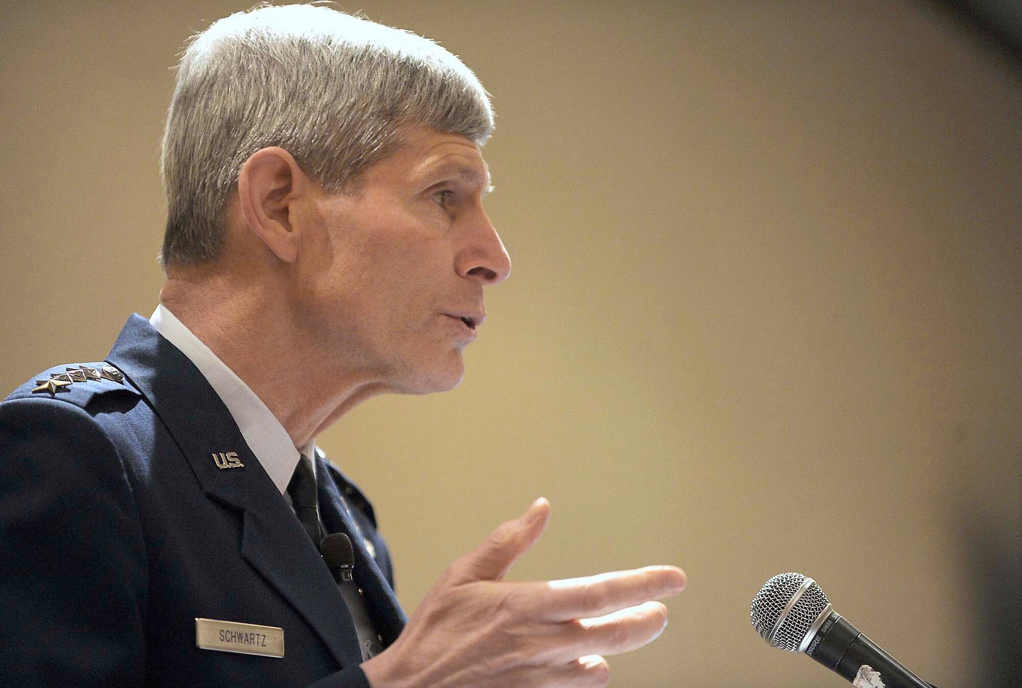 Air Force Chief of Staff Gen. Norton Schwartz speaks to attendees March 2, 2011, at the 2011 Defense Programs Conference in Arlington, Va. In his comments, General Schwartz said it will be important for the Air Force and the private sector to work together given the strategic complexity both face. (U.S. Air Force photo/Scott M. Ash)