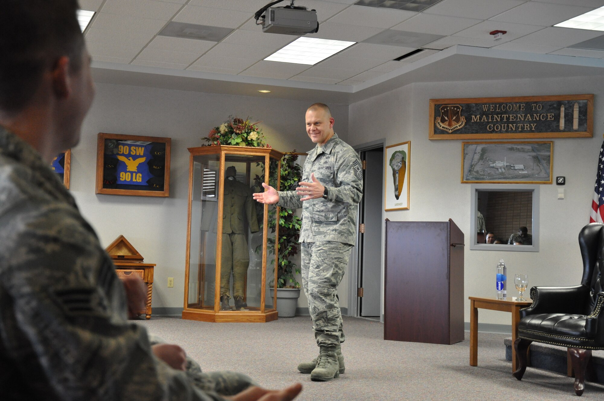 Chief Master Sgt. of the Air Force James Roy speaks with Airmen attending F. E. Warren's Airmen Leadership School and the First Term Airmen's Center in the Pronghorn Center on March 2. (U.S. Air Force photo by Staff Sgt. Mike Tryon)