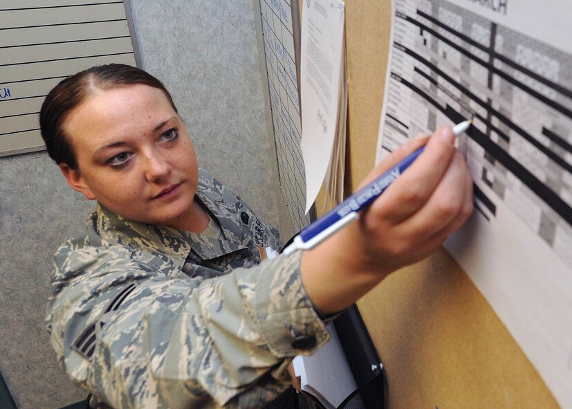 Senior Airman Jennifer Frerichs, 319th Force Support Squadron sports director, edits an athletic schedule Mar. 2 at the Grand Forks Air Force Base Fitness Center. Airman Frerichs is the warrior of the week Mar. 3 through 10. Warrior of the Week recognizes everyday Airmen working their every day jobs. (U.S. Air Force photo by Airman 1st Class Amber Bennett)