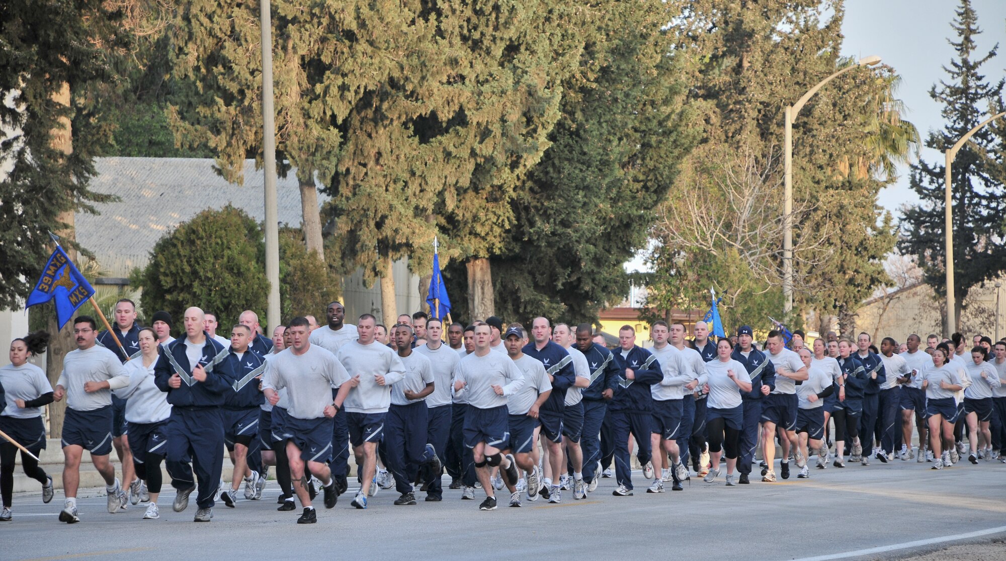 Airmen from the 39th Air Base Wing participate in a wing run Feb. 24, 2011, at Incirlik Air Base, Turkey. The run was intended to boost morale and build camaraderie between the Airmen and was held in conjunction with resiliency training during Winter Wingman Day 2011.  (U.S. Air Force photo by Staff Sgt. Alex Montes/Released)