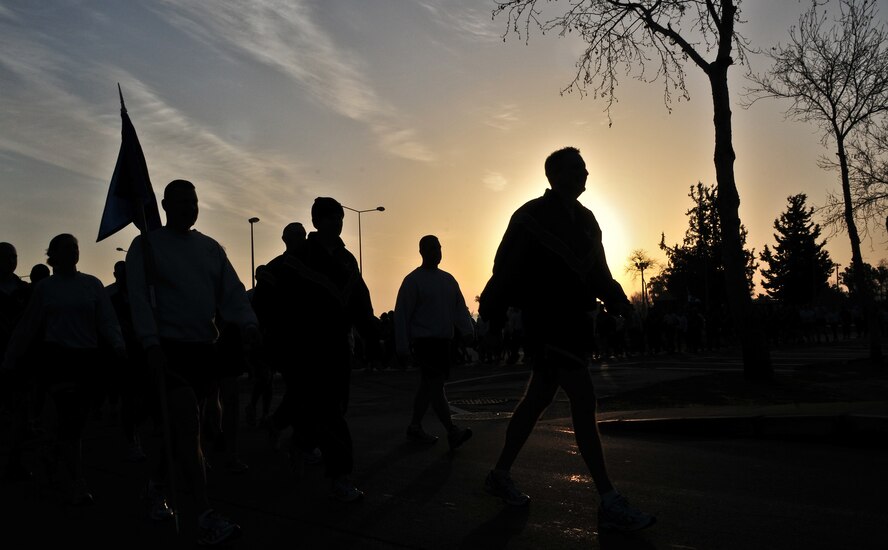 Airmen from the 39th Air Base Wing begin the wing run Feb. 24, 2011, at Incirlik Air Base, Turkey. The run was intended to boost morale and build camaraderie between the Airmen and was held in conjunction with resiliency training during Winter Wingman Day 2011.  (U.S. Air Force photo by Staff Sgt. Alex Montes/Released)