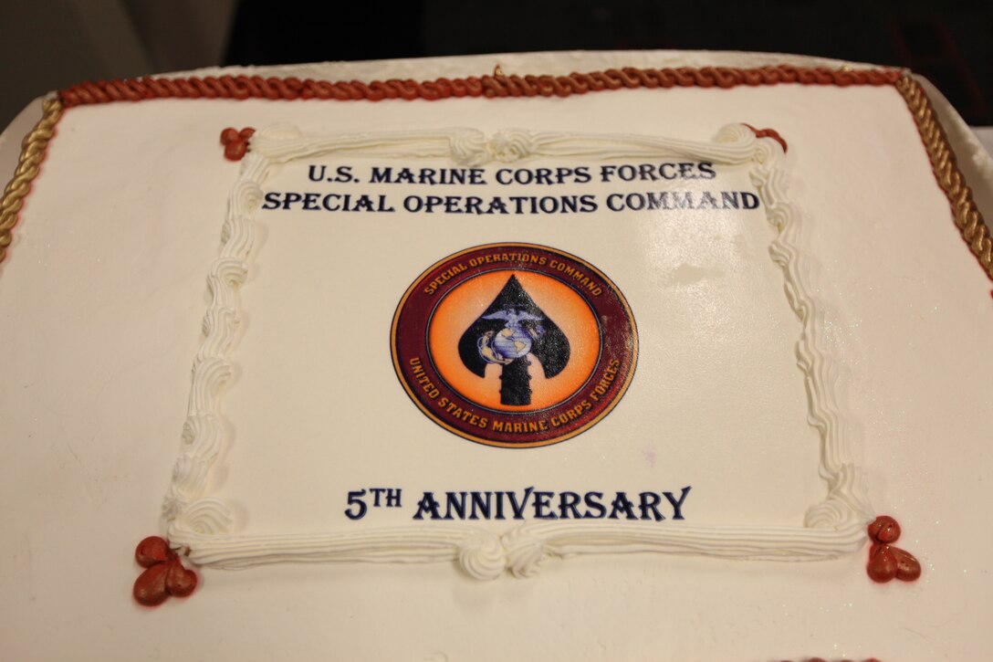 Marine Corps Forces, Special Operations Command::r::::n::celebrated its 5th anniversary with a cake after an::r::::n::anniversary and annual awards ceremony, March 3,::r::::n::2011. The ceremony was held at MARSOC's 1st Marine::r::::n::Special Operations Battalion headquarters building on::r::::n::Camp Pendleton, Calif.(U.S. Marine Corps photo by Cpl.::r::::n::Thomas W. Provost/Released)