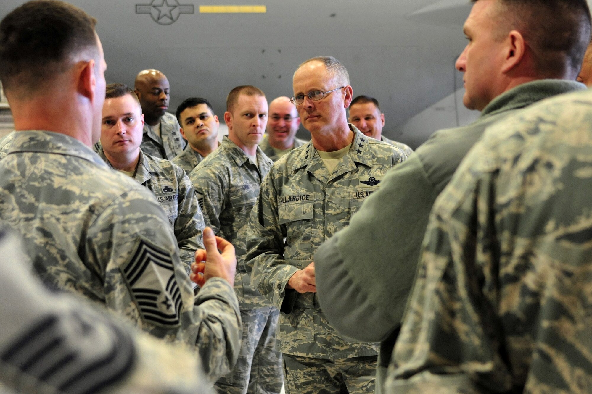 Lt. Gen. Robert Allardice, center, 18th Air Force commander, speaks to a group of senior noncommissioned officers, March 2, 2011, at Joint Base Lewis-McChord, Wash. General Allardice answered questions from the Airmen and gave advice on how to connect with their troops. (U.S. Air Force photo/Airman 1st Class Leah Young)