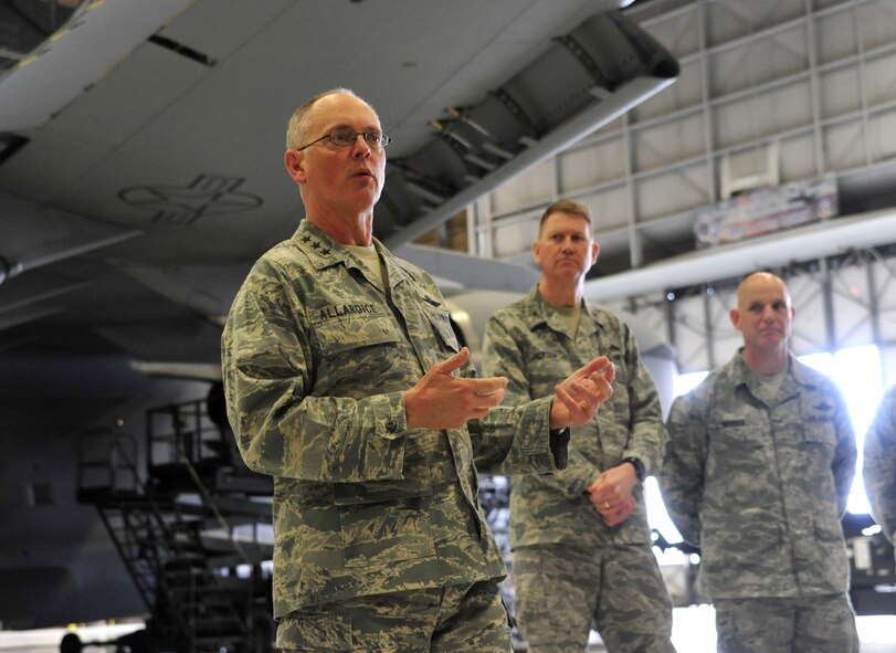 Lt. Gen. Robert Allardice, left, 18th Air Force commander, speaks to a group of senior noncommissioned officer, March 2, 2011, at Joint Base Lewis-McChord, Wash. General Allardice highlighted the important role leadership plays in an Airmen’s life. (U.S. Air Force photo/Airman 1st Class Leah Young)