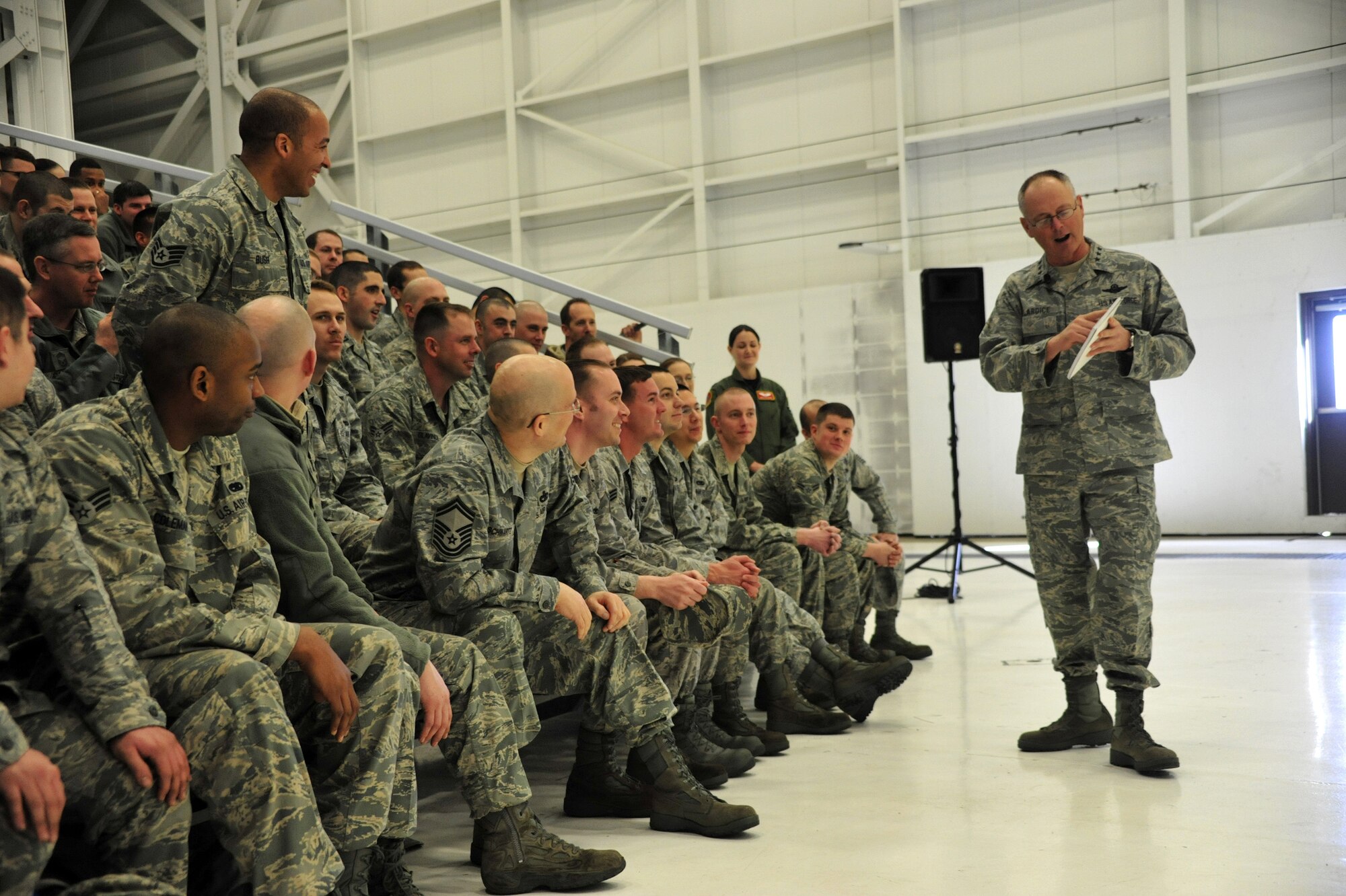 Lt. Gen. Robert Allardice, 18th Air Force commander, speaks to a group of 62nd Airlift Wing Airmen about the importance of face-to-face contact, March 2, 2011, at Joint Base Lewis-McChord, Wash. "Supervisors, take 90 seconds out of your day and look your Airmen in the eye," said General Allardice. "Just have a conversation with them, see how they're doing. It will change your lives." (U.S. Air Force photo/Airman 1st Class Leah Young)