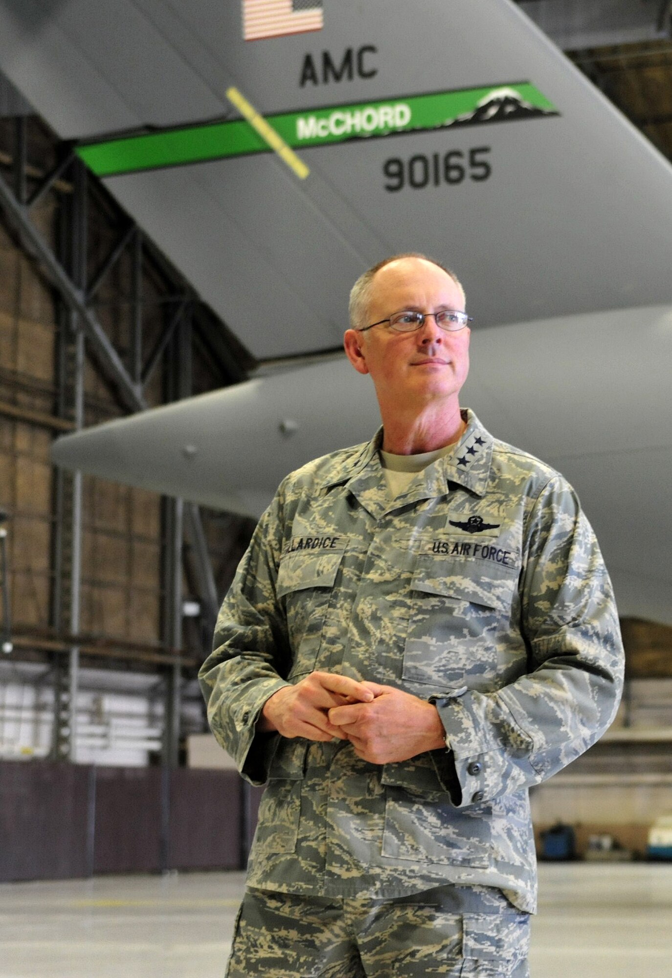Lt. Gen. Robert Allardice, 18th Air Force commander, listens during a senior noncommissioned officer tour and discussion, March 2, 2011, at Joint Base Lewis-McChord, Wash. General Allardice’s three-day visit included several briefings and tours of the installation. (U.S. Air Force photo/Airman 1st Class Leah Young)