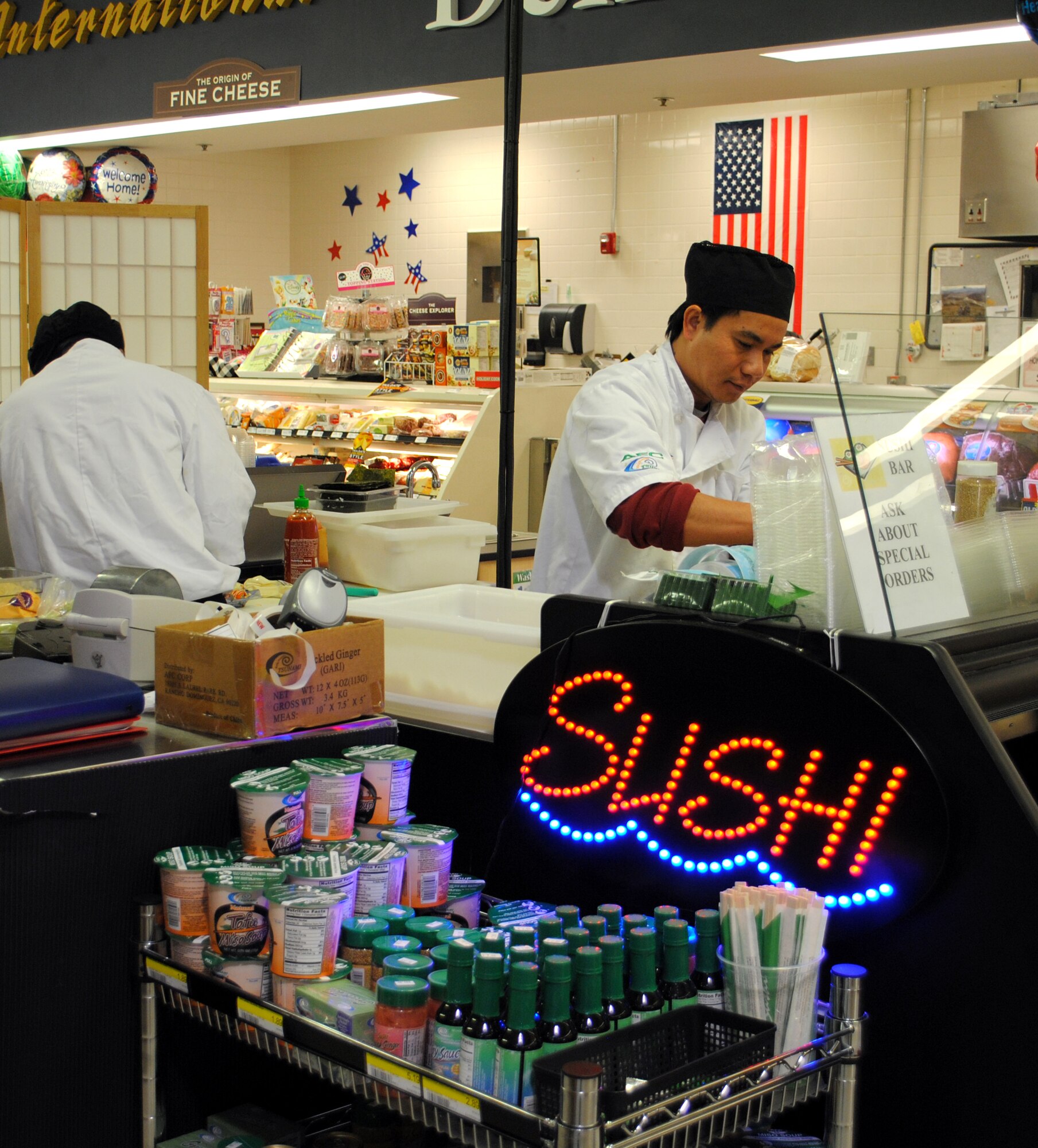 The Commissary now features a sushi bar located near the deli and bakery.  Sushi is made fresh every day for customers to puchase at their own convenience. (U.S. Air Force photo/Airman Cortney Hansen)