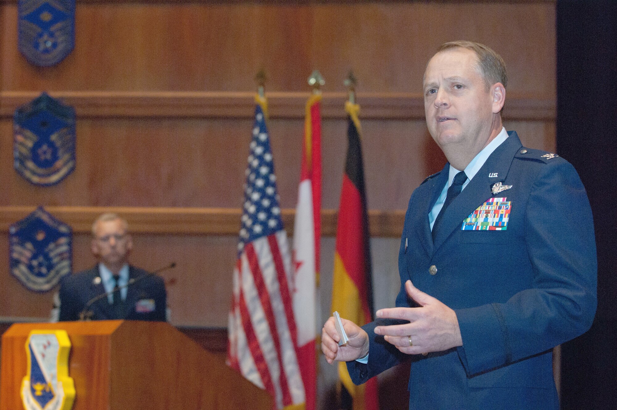 Colonel Stewart Price, the incoming commander of the Thomas Barnes Center for Enlisted Education, shares his thoughts during a ceremony Feb. 24. (Air Force photo/Melanie Rodgers Cox)