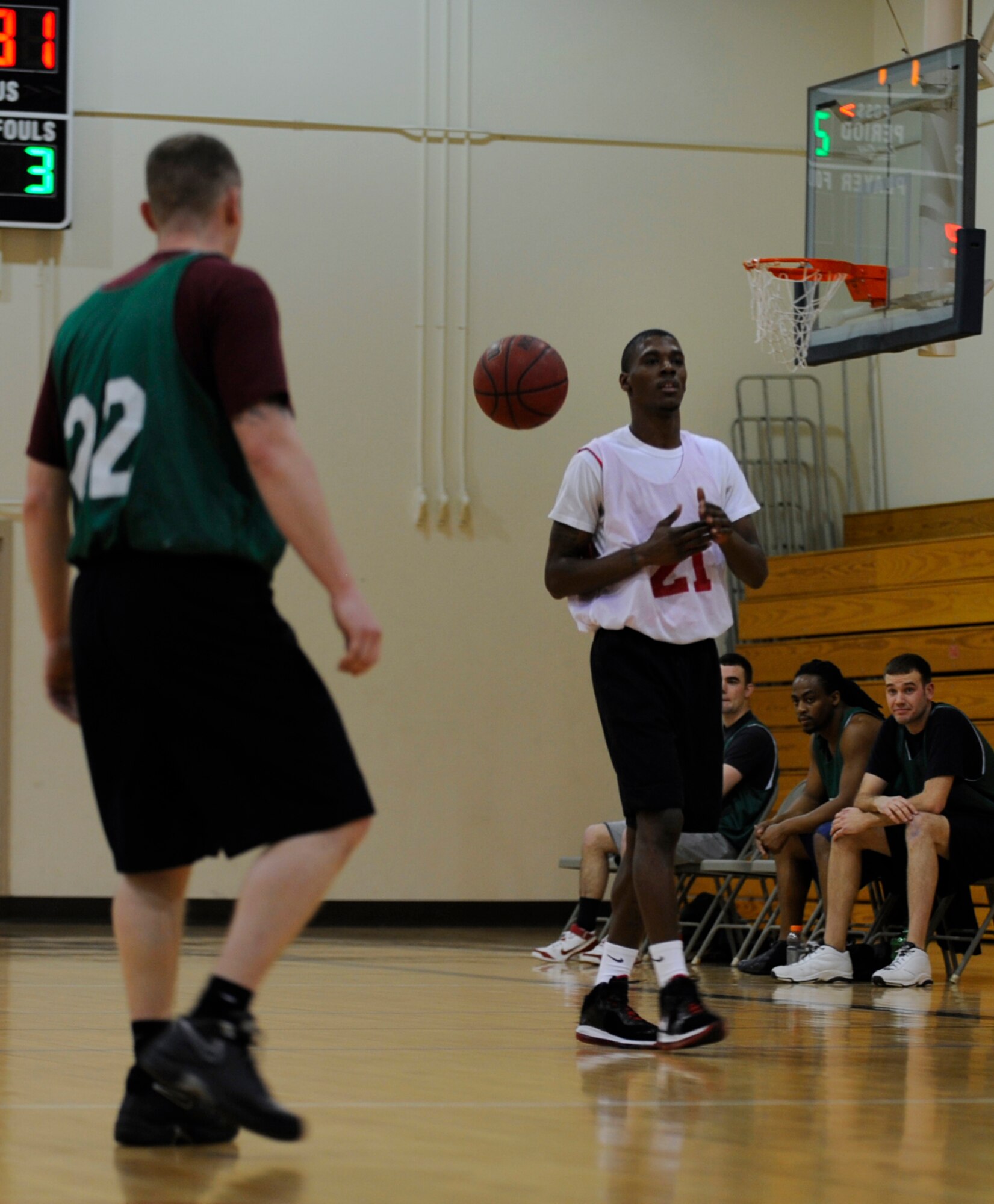 MOUNTAIN HOME AIR FORCE BASE, Idaho -- With his team down, Willie McElroy, 366th Medical Group’s point guard, signals for timeout during the intramural basketball semifinals against the Civil Engineering Squadron Feb. 28. AMDS made a run with minutes left but couldn’t hold on and lost 48-52. (U.S. Air Force photo by Airman 1st Class Renishia Richardson)