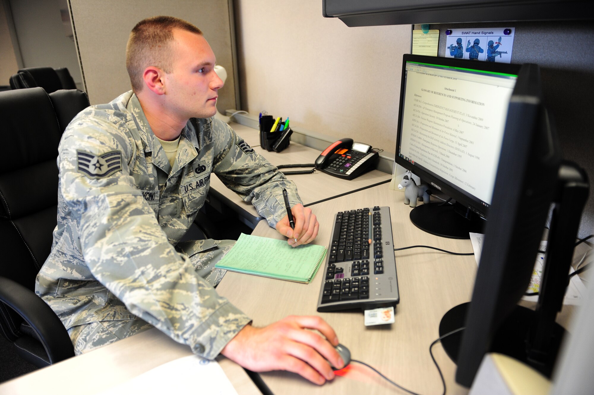 Staff Sgt. Frank Mancino, a 19th Logistics Readiness Squadron quality assurance NCO, updates the Little Rock Air Force Base operating instruction Feb. 28, 2011, at Little Rock Air Force Base, Ark. The Chapel Hill, N.C., native directed the first quality assurance quarterly inspection plan and gained high praise from Air Mobility Command for his work. (Photo by U.S. Air Force Senior Airman Jim Araos)