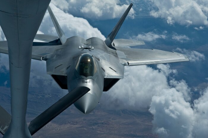 NEVADA TEST AND TRAINING RANGE -- A U.S. Air Force F-22 Raptor, 49th Fighter Wing, Holloman Air Force Base, N.M., pulls up for air refueling during Red Flag 11-3, March 3. Red Flag is a realistic combat training exercise involving the air forces of the United States and its allies. The exercise is hosted north of Las Vegas on the Nevada Test and Training Range.(U.S. Air Force photo by Airman 1st Class George Goslin)