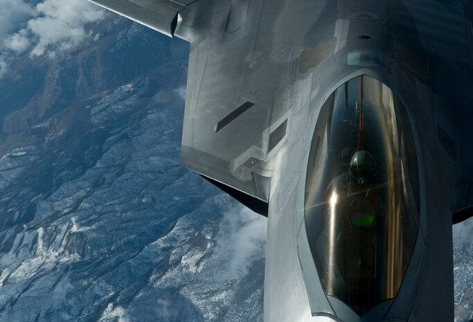 NEVADA TEST AND TRAINIG RANGE -- A U.S. Air Force F-22 Raptor, 49th Fighter Wing, Holloman Air Force Base, N.M., flies for a training mission during Red Flag 11-3, March 3. Red Flag is a realistic combat training exercise involving the air forces of the United States and its allies. The exercise is hosted north of Las Vegas on the Nevada Test and Training Range.(U.S. Air Force photo by Airman 1st Class George Goslin)
