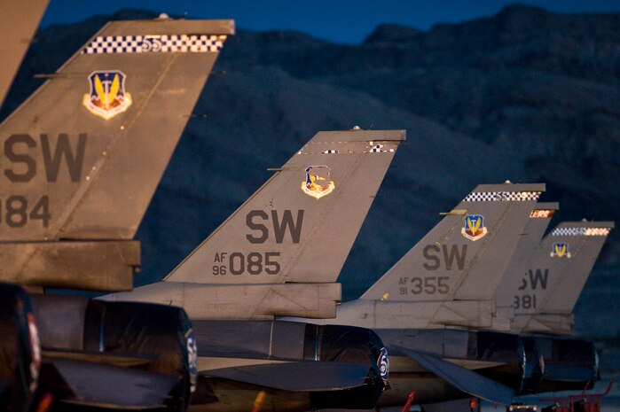NELLIS AIR FORCE BASE, Nev. -- U.S. Air Force F-16 Fighting Falcons, 20th Fighter Wing, Shaw Air Force Base, S.C., sit on the Nellis Air Force Base flight line, during Red Flag 11-3, March 2. Red Flag is a realistic combat training exercise involving the air forces of the United States and its allies. The exercise is hosted north of Las Vegas on the Nevada Test and Training Range.(U.S. Air Force photo by Senior Airman Brett Clashman)