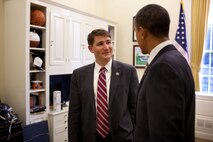 Congressman (and Air Force Reserve Maj.) John Boccieri meets with President Barack Obama in the West Wing of the White House,Washington, D.C., Nov. 18, 2010. After a two-year term in the U.S. House of Representatives, the former legislator has returned to the 910th Airlift Wing’s 773rd Airlift Squadron to resume his duties as a C-130 pilot and aircraft commander. Official White House Photo by Pete Souza