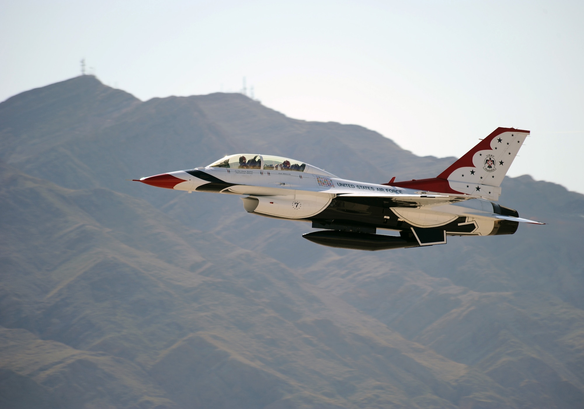 Lt. Col. Jason Koltes, Thunderbird 7, U.S. Air Force Air Demonstration Squadron "Thunderbirds" Operations Officer, and NASCAR driver Carl Edwards, take off in the F-16D Fighting Falcon at Nellis Air Force Base, Nev., Mar. 3. Edwards, who drives the #99 car, will compete in NASCAR races March 5-6 at the Las Vegas Motor Speedway.
(U.S. Air Force Photo/Staff Sgt. Larry E. Reid Jr., Released)