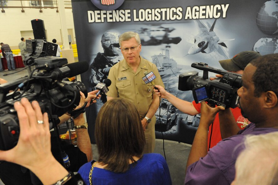 Vice Admiral Alan S. Thompson, Defense Logistics Agency director, speaks with members of the media. U. S. Air Force photo by Ray Crayton Jr.