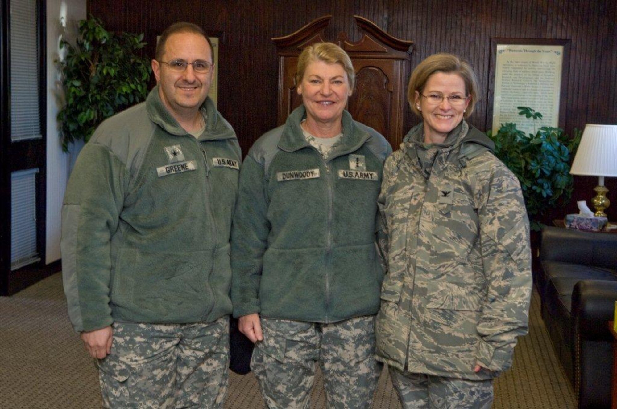 After arriving at Hanscom AFB March 3, Gen. Ann Dunwoody, commander of the Army Materiel Command, stands  with Col. Stacy Yike, 66th Air Base Group and Hanscom base commander, and Brig. Gen. Harry Greene, senior commander of the U.S. Army Natick (Mass.) Soldier Systems Center.  General Dunwoody is the first female four-star general in U.S. history.  (U.S. Air Force photo by Mark Wyatt)

