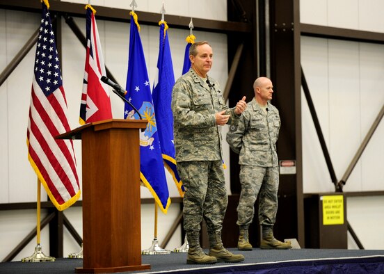 RAF MILDENHALL, England -- Gen. Mark Welsh, U.S. Air Forces in Europe commander, discusses USAFE’s goals to Team Mildenhall during an all-call here, March 2, 2011. The goals include providing combat-ready forces, building partner capacities, strengthening relationships with allies, and taking care of Airmen and their families.  (U.S. Air Force photo/Staff Sgt. Jerry Fleshman)