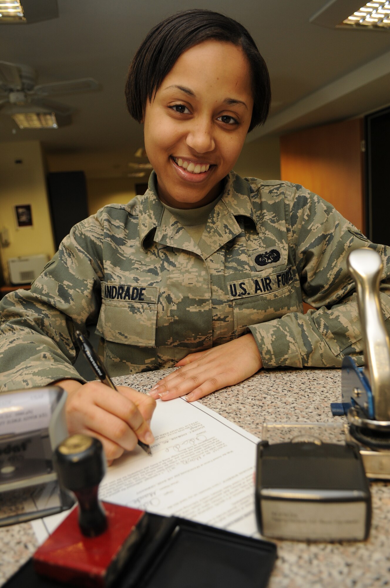 SPANGDAHLEM AIR BASE, Germany –Airman 1st Class Adande Andrade, 52nd Fighter Wing Judge Advocate general law paralegal, is the Super Saber Performer for the week of March 4-10. (U.S. Air Force photo/Airman 1st Class Brittney Frees)