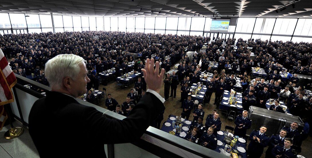 Defense Secretary Robert  M. Gates waves to Air Force Academy cadets during lunch in Mitchell Hall after teaching classes as part of the Capstone Seminar at the Air Force Academy in Colorado Springs, Colo., Mar. 4, 2011. 