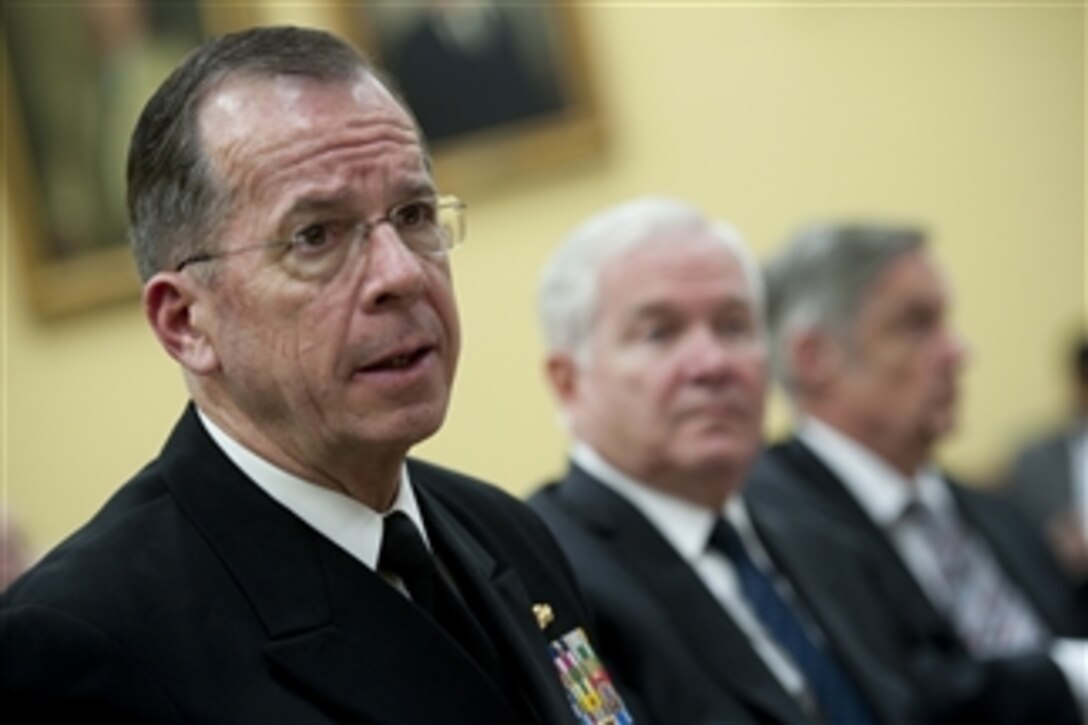 Chairman of the Joint Chiefs of Staff Adm. Mike Mullen, Secretary of Defense Robert M. Gates and Under Secretary of Defense for Comptroller Robert Hale testify at a hearing of the House Appropriations Committee on the fiscal 2012 budget at the Rayburn House Office Building in Washington, D.C., on March 3, 2011.  