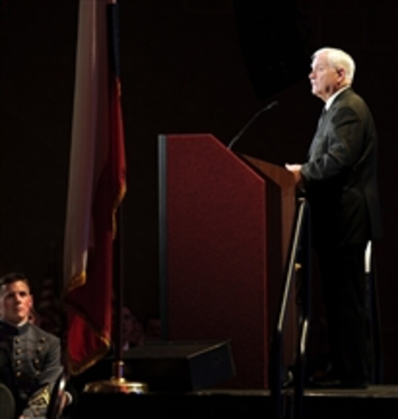 Secretary of Defense Robert M. Gates gives his remarks during the Circle Ten Council Boy Scouts of America Friends of Scouting Dinner in Dallas, Texas, on March 3, 2011.  
