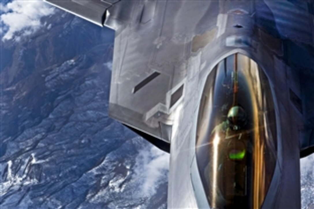 A U.S. Air Force F-22 Raptor flies over the Nevada Test and Training Range for a training mission during Red Flag 11-3, at Nellis Air Force Base, Nev., March 3, 2011. The F-22 pilot is assigned to the 49th Fighter Wing. Red Flag 11-3, which runs through March 11, is a realistic combat training exercise involving the U.S. Air Force, the U.K. Royal Air Force and the Royal Australian Air Force.