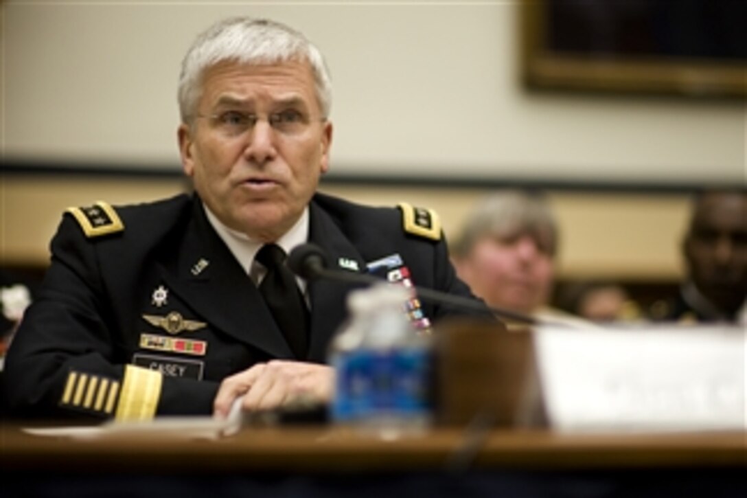 Army Chief of Staff Gen. George W. Casey Jr. testifies during a House Armed Services Committee hearing in Washington, D.C., on March 2, 2011.  The committee is hearing testimony on the FY2012 budget request from the Department of the Army.  