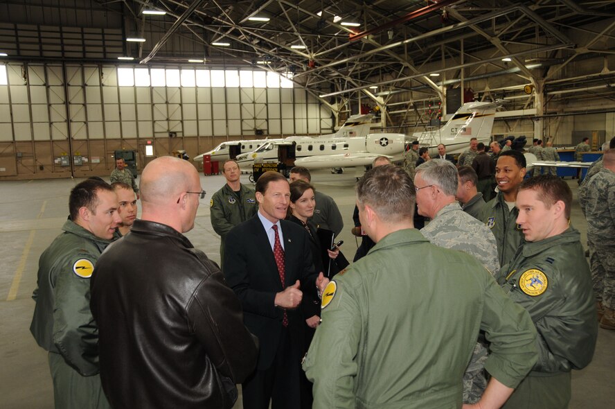 U.S. Senator for Connecticut, Richard Blumenthal, talks with members of the Connecticut Air National Guard following a press conference held in the main hangar, Bradley Air National Guard Base, East Granby, Conn.February 24, 2011. Sen. Blumenthal addressed the Air Guard, saying he would pledge to fight as long and as hard as necessary to ensure the Conn. Air Guard receives the support it needs and deserves.  (U.S. Air Force photo by Tech. Sgt. Erin McNamara)