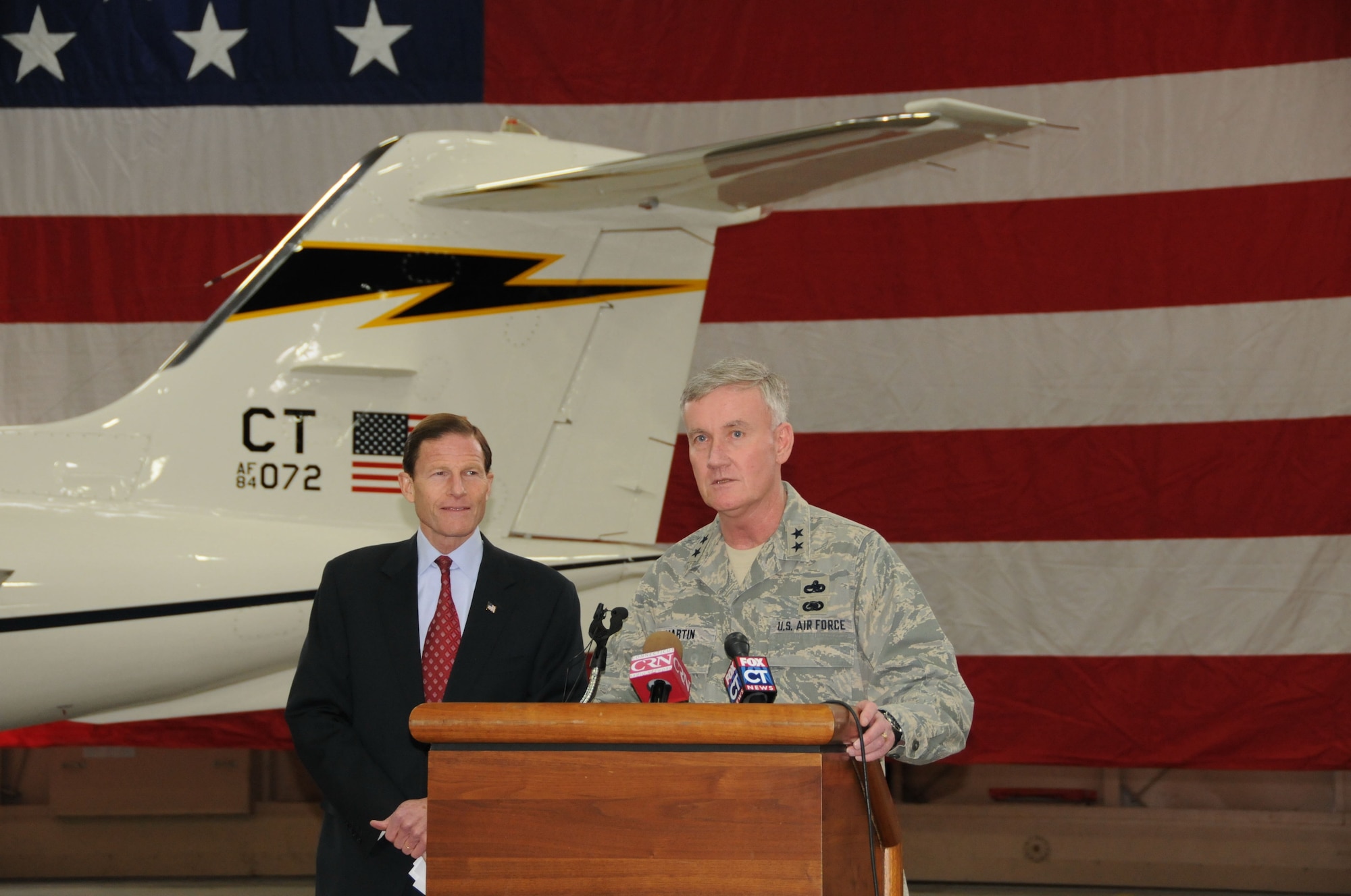Maj. Gen. Thaddeus Martin, the adjutant general for Connecticut, introduces U.S. Senator for Connecticut Richard Blumenthal during a press conference held in the main hangar, Bradley Air National Guard Base, East Granby, Conn.February 24, 2011. (U.S. Air Force photo by  Tech. Sgt. Erin McNamara)

