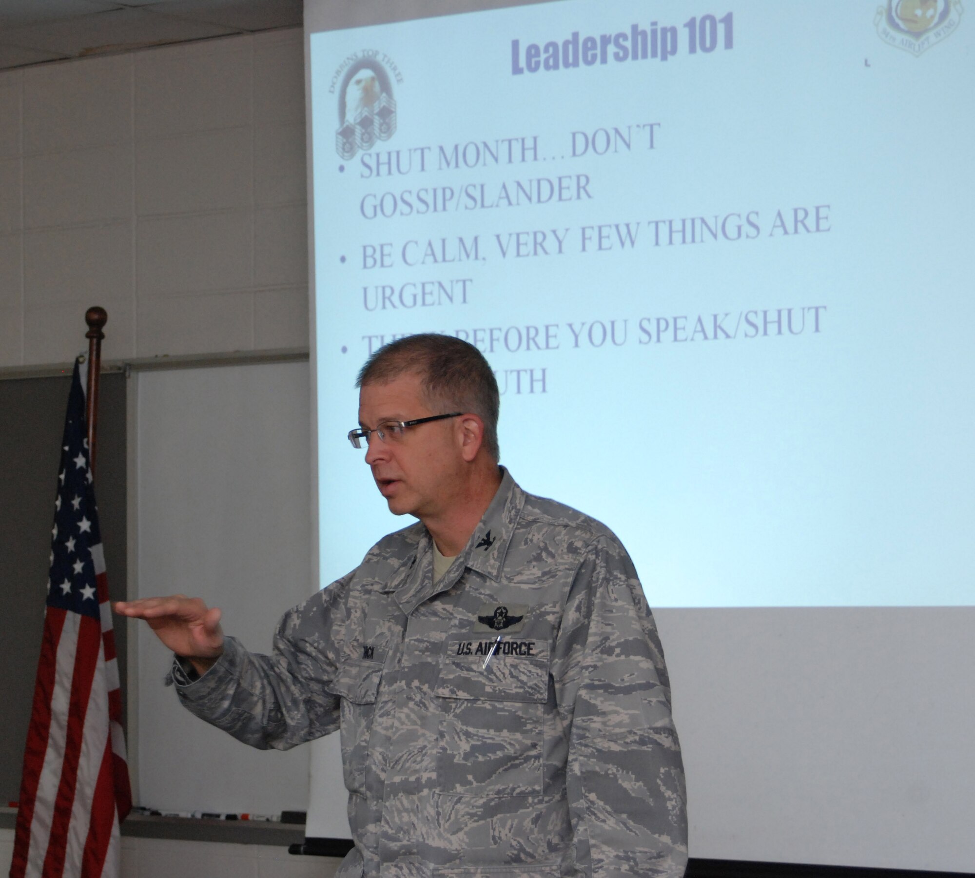 Col. Timothy Tarchick, 94th Airlift Wing Commander, speaks on the fundamentals of leadership, entitled Leadership 101, during the Dobbins Top 3 meeting in February.  (U.S. Air Force photo/Master Sgt. Stan Coleman)
