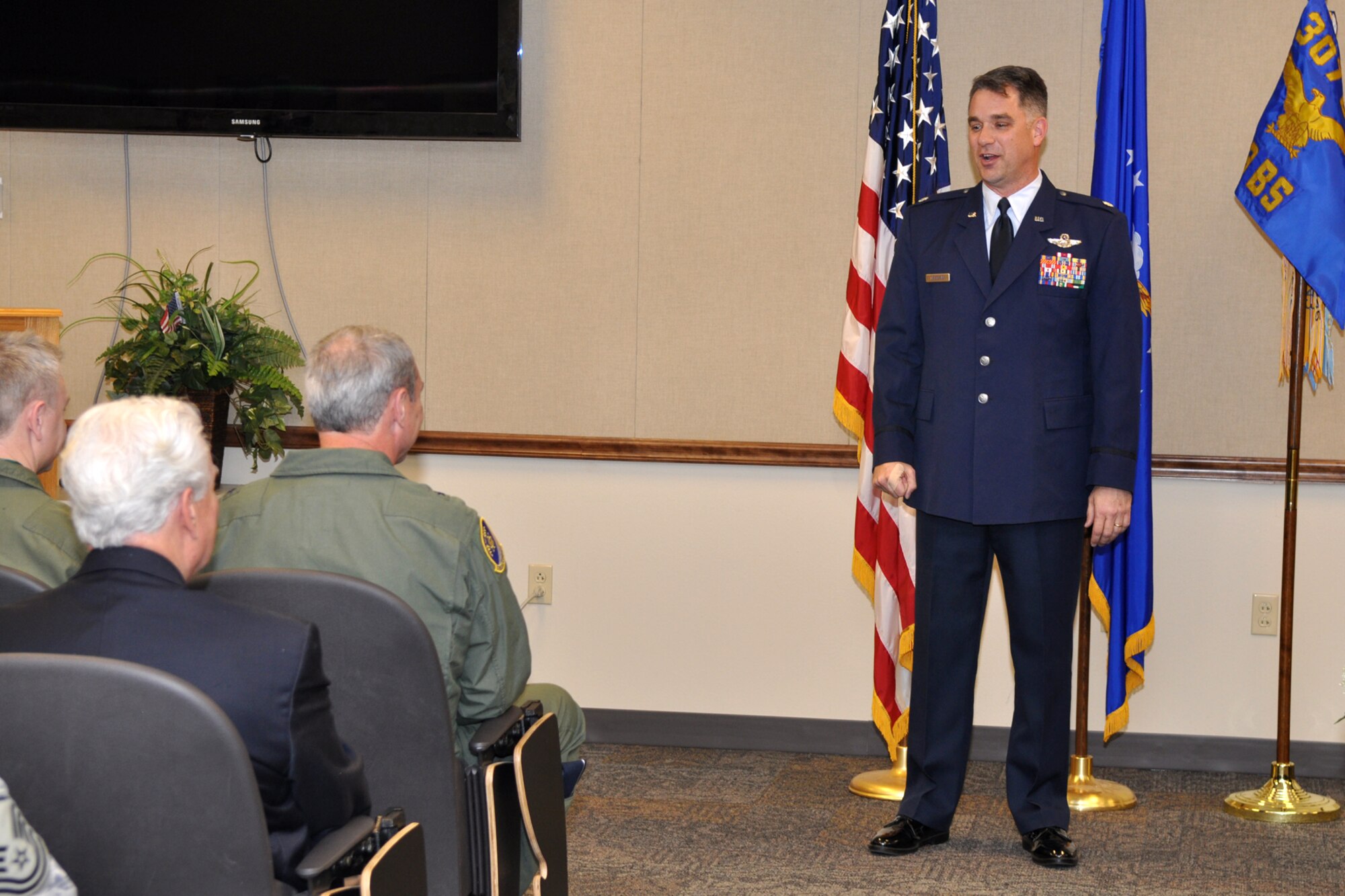 Lt. Col. David Leedom, commander, 93rd Bomb Squadron, thanks those from his past while talking about the squadron’s future during the change of command ceremony at the 93rd BS at Barksdale Air Force Base, La., March 5, 2011. Colonel Leedom took the reins from Colonel (S) Joseph Jones, who is leaving the 93rd BS to take the position of vice commander of the 307th Bomb Wing. Colonel Leedom becomes the 10th commander of the 93rd BS at Barksdale. (U.S. Air Force photo/Tech. Sgt. Jeff Walston)