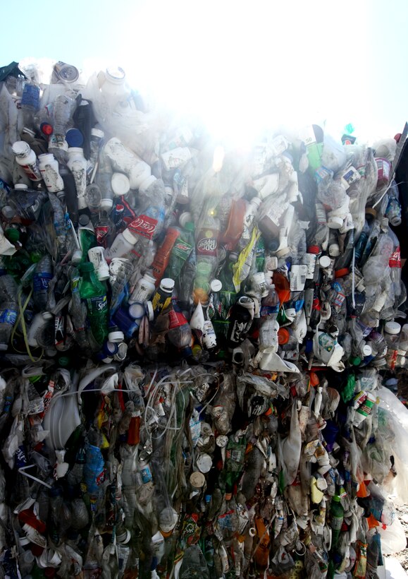Bales of plastic bottles, containers and bags sit stacked at the Marine Corps Base Camp Lejeune recycling area, awaiting to be sold to a broker where the materials will be further processed, recycled and reused, March 7. The Qualified Recycling Program currently gets two cents for every pound of the base’s plastics, which could greatly increase if patrons would only separate the plastic bags from the plastic bottles before they are put into recycling bins.