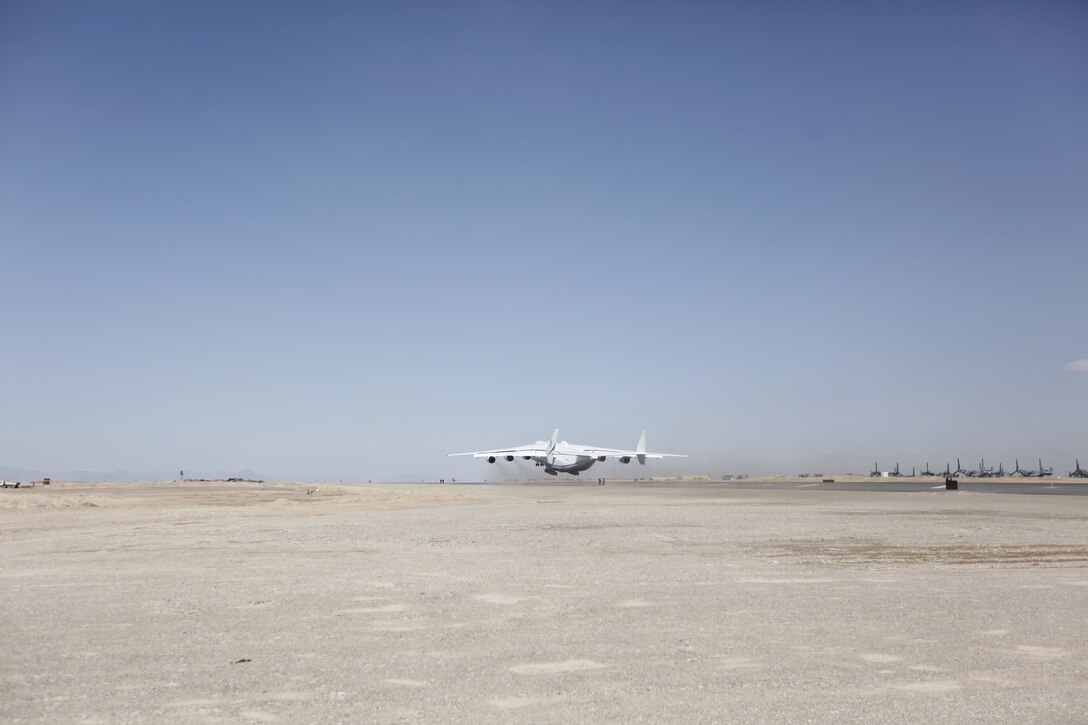 The Antonov An-225 touched down at Camp Bastion, Afghanistan, March 7. The largest and heaviest aircraft in the world, the one-of-a-kind An-225 is currently operated by Ukraine’s Antonov Airlines and contracted to carry large cargo and supplies around the