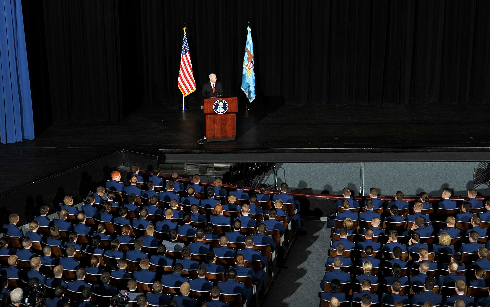 Secretary of Defense Robert Gates addresses cadets in Arnold Hall Theater at the Air Force Academy March 4, 2011. Secretary Gates was also a guest instructor for two political science courses later that day. (U.S. Air Force photo/Megan Davis)