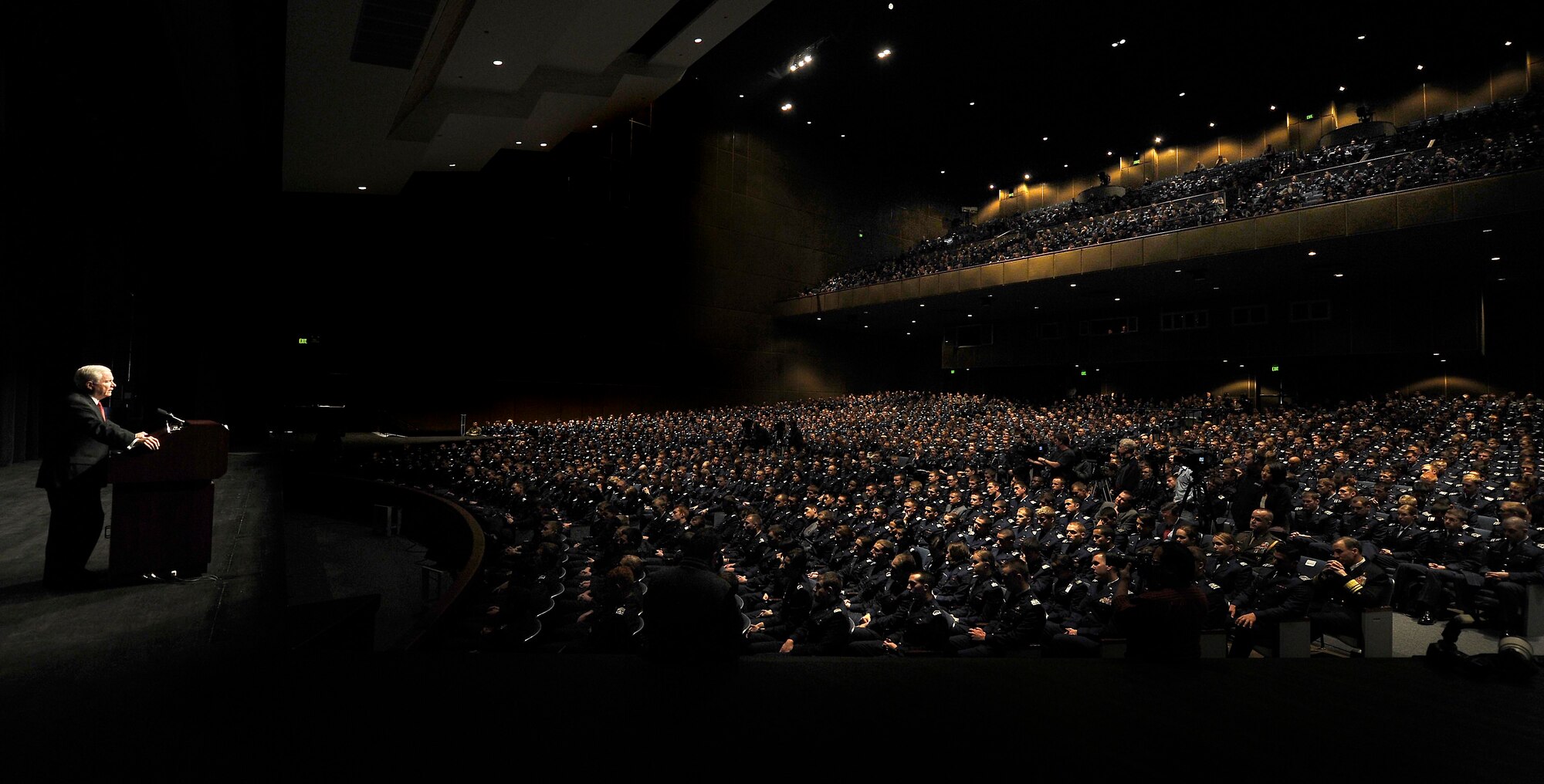 Defense Secretary Robert M. Gates talks to Air Force Academy cadets March 4, 2011, in Arnold Hall at the Air Force Academy in Colorado Springs, Colo.  (Defense Department photo/Master Sgt. Jerry Morrison)