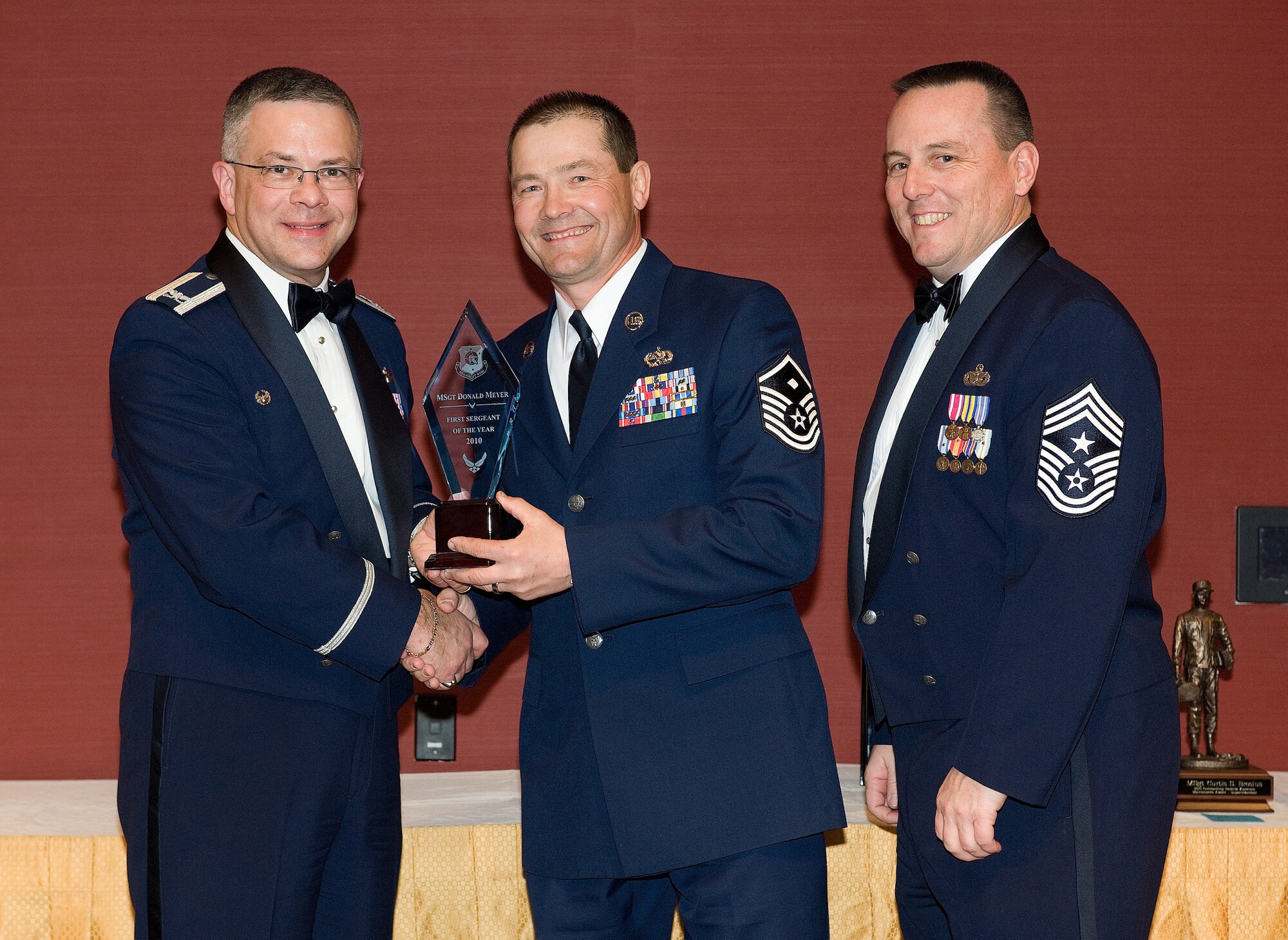 Master Sgt. Donald Meyer, 709th Airlift Squadron, is the 512th Airlift Wing First Sergeant of the Year.  The wing hosted the second annual awards banquet at the Sheraton Hotel in Dover March 5. (U.S. Air Force photo/John Sidoriak)