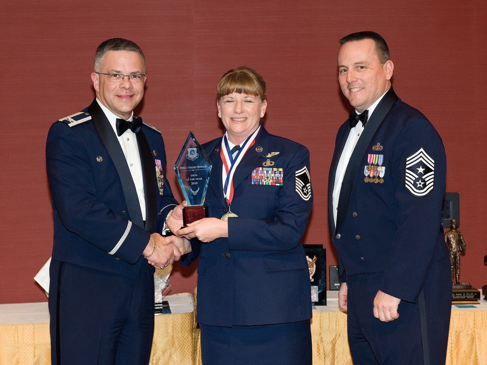 Senior Master Sgt. Sherry Dowgos, 512th Operations Support Flight, is the 512th Airlift Wing Outstanding Senior NCO of the Year. The 512th AW announced the 2010 annual award winners during the wing's second annual awards banquet March 5 at the Sheraton Hotel in Dover.(U.S. Air Force photo/John Sidoriak)