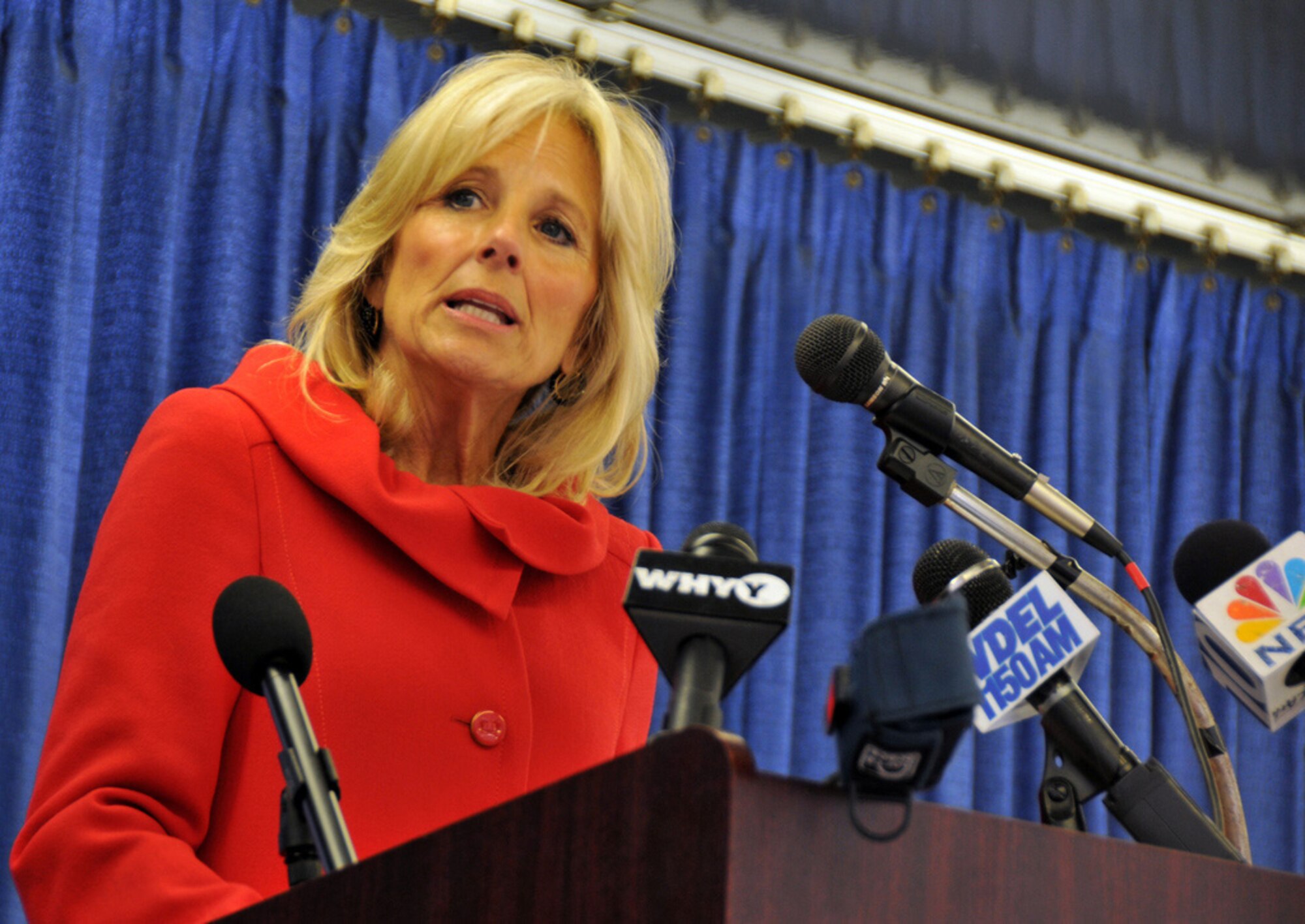 Jill Biden, wife of Vice President Joe Biden, speaks during a call-to-duty ceremony March 4, 2011, at the Delaware Air National Guard's 166th Airlift Wing in New Castle, Del. Members of the 166th AW are scheduled to deploy to Southwest Asia to provide logistical and aeromedical evacuation support to Soldiers and Marines in support of operations Enduring Freedom and New Dawn. (U.S. Air Force photo/Tech. Sgt. John Orrell)
