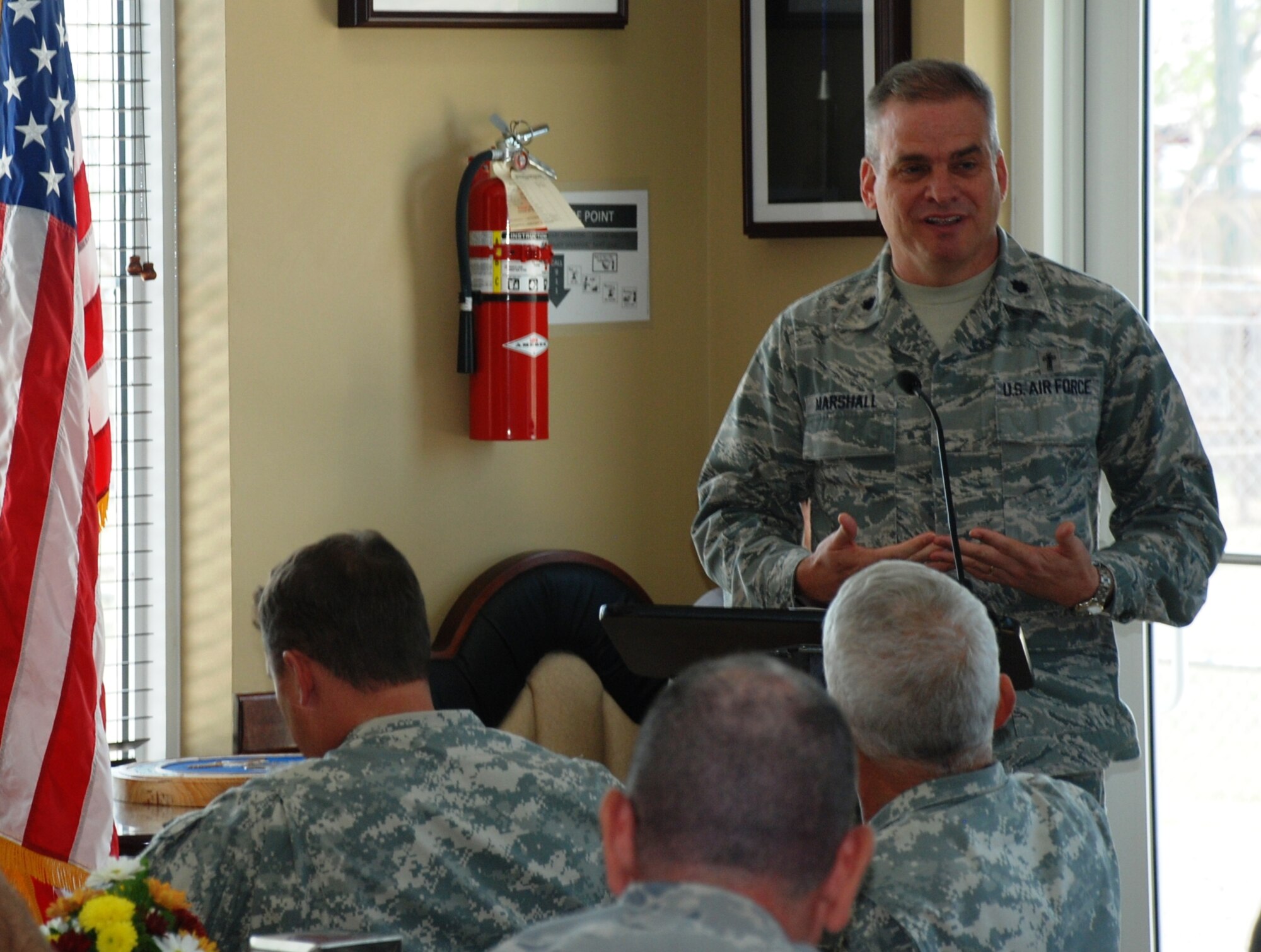 SOTO CANO AIR BASE, Honduras - USSOUTHCOM Deputy Command Chaplain Lt. Col. Randy Marshall speaks to members of Joint Task Force-Bravo during the National Prayer Observance Luncheon here Mar. 07.  Colonel Marshall was the keynote speaker at the event.  (Air Force photo/Capt. John T. Stamm)
